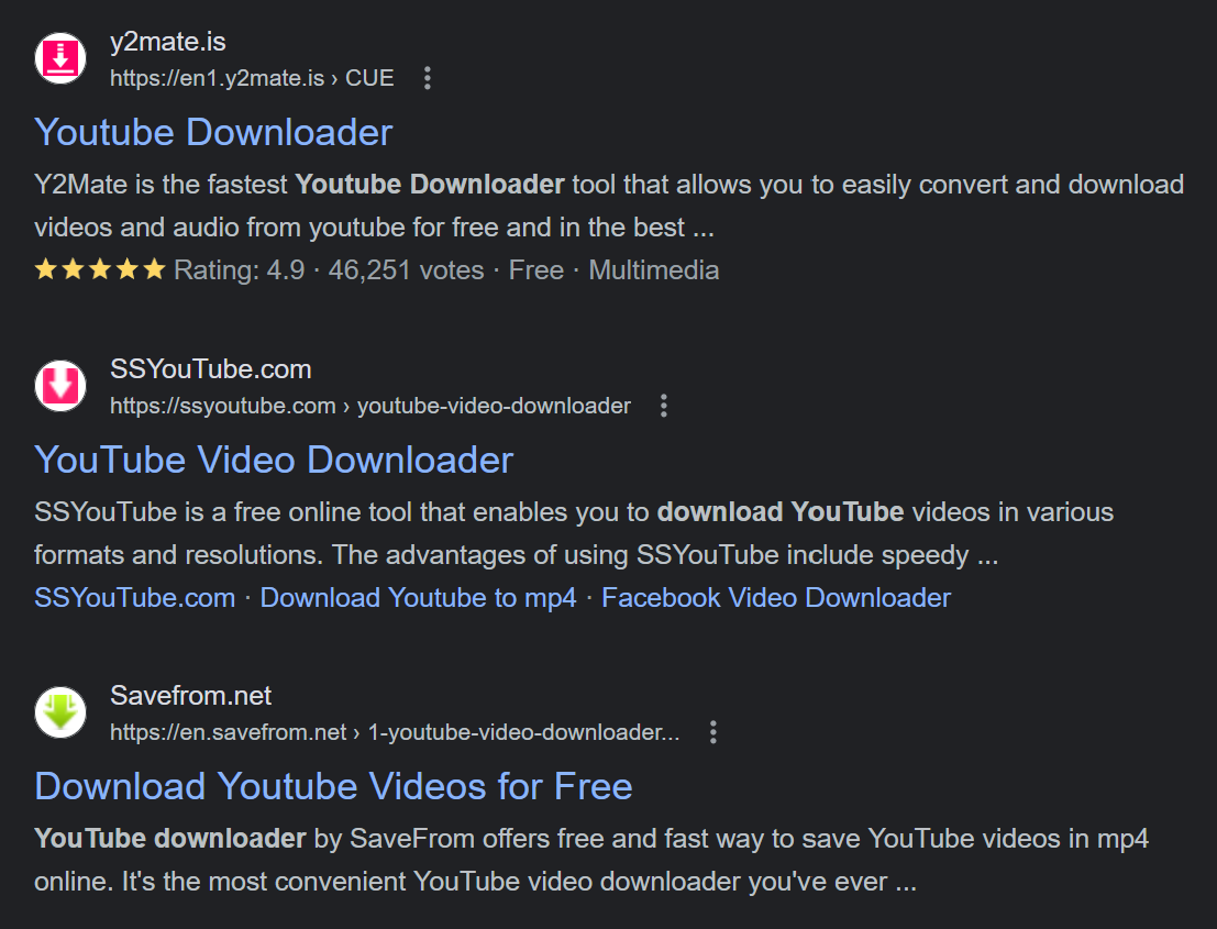 A google search for youtube downloader